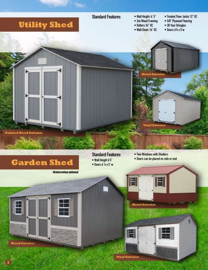 Product page showing Utility Sheds and Garden Sheds. Details include standard features like 6-foot 5-inch wall heights and various exterior finishes such as painted wood, metal, and vinyl.