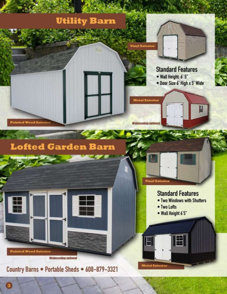 Page showcasing Utility Barns and Lofted Garden Barns. Images display the classic gambrel roof style with options for wood, metal, or vinyl siding and optional stone wainscoting.