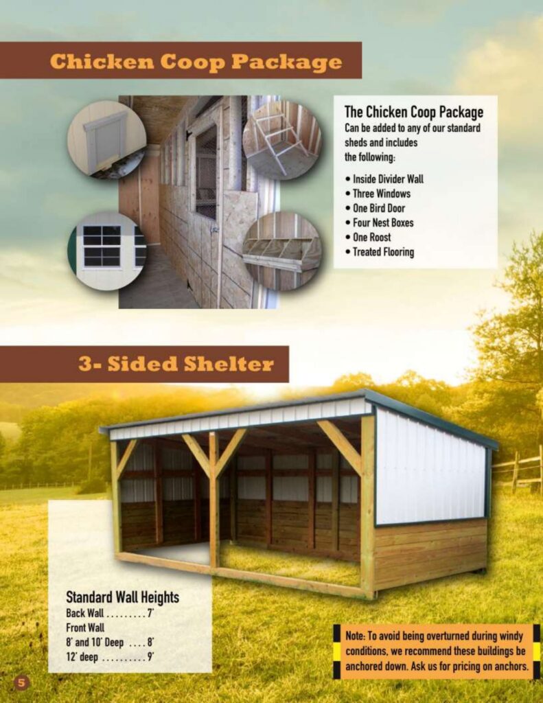 Page detailing the Chicken Coop package with interior nesting boxes and a bird door, alongside a large 3-Sided wooden animal shelter.