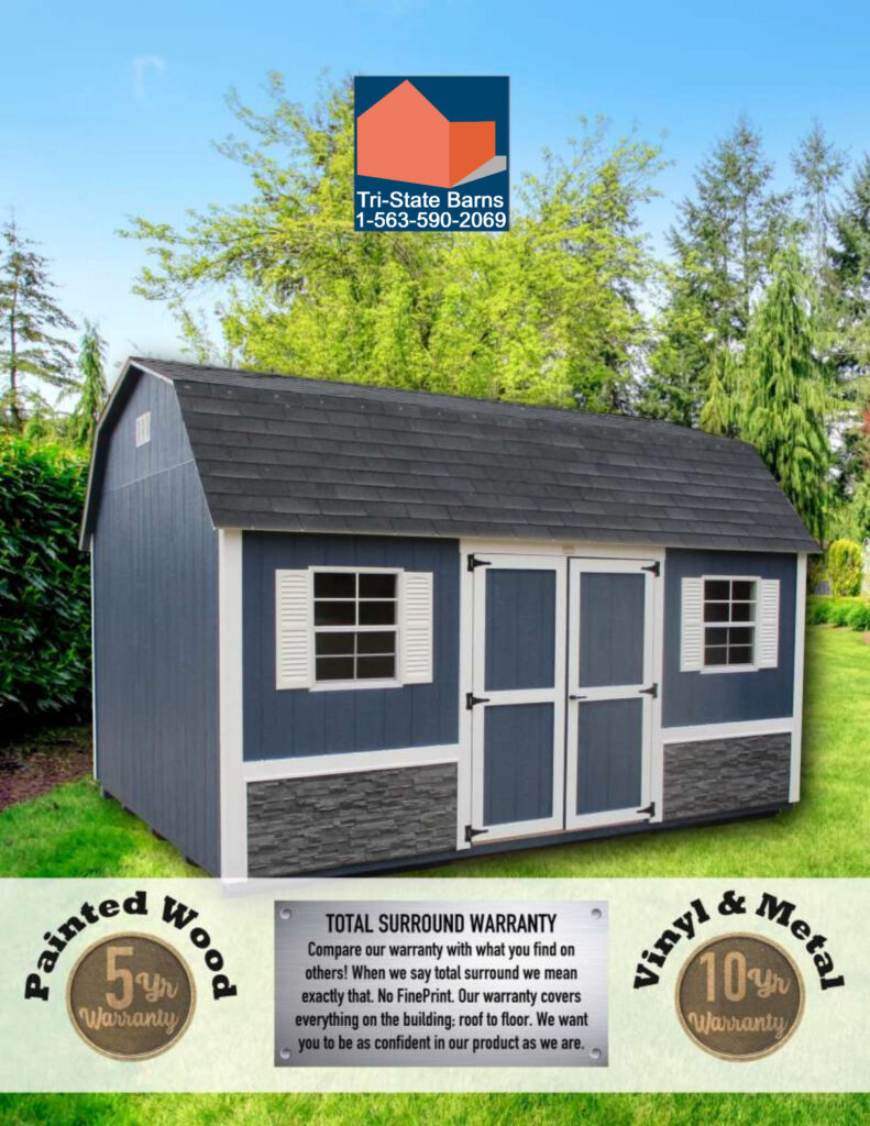 Back page of the catalog featuring a blue barn-style shed with white trim and stone wainscoting. The page highlights a "Total Surround Warranty" with a 5-year warranty for painted wood and a 10-year warranty for vinyl and metal exteriors. Includes the Tri-State Barns logo and contact information.